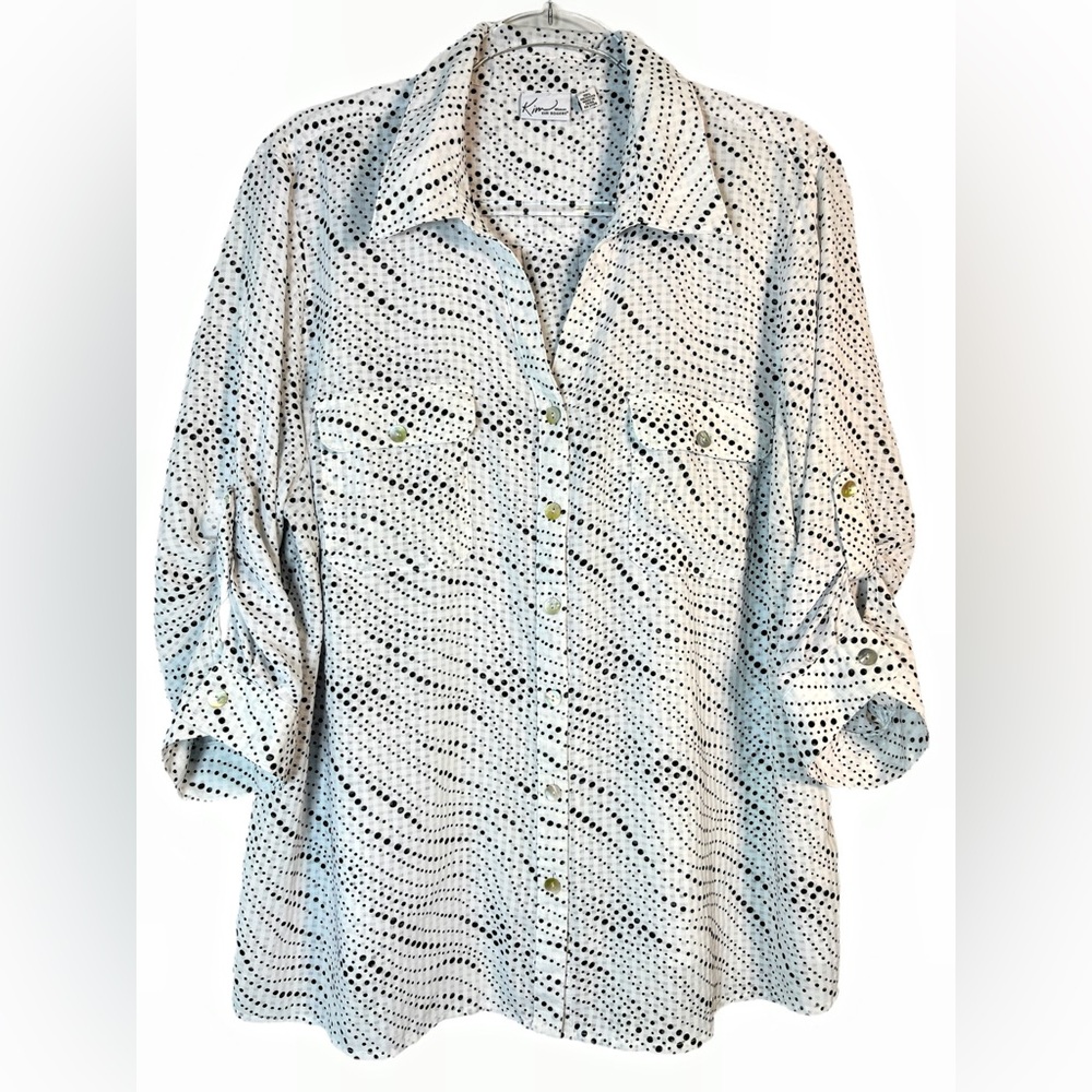 Kim Rogers Black and White Dot Button-Down Tab Sleeve Blouse | 2X
